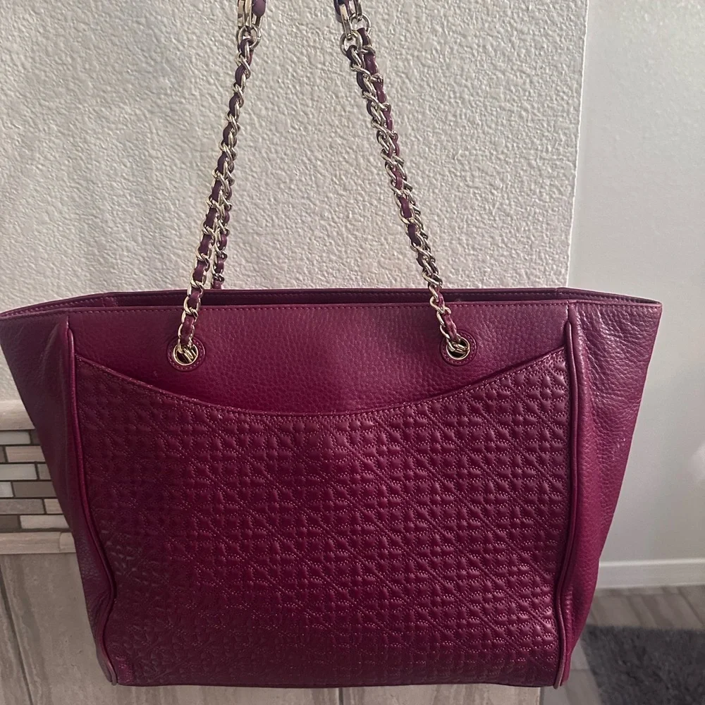 Tory Burch Burgundy Quilted Tote with Chain Straps